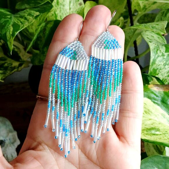 Boho Beaded Fringe Dangle Earrings, Seed Bead Jewelry, Blue & Green, 3.5" - Picture 8 of 8